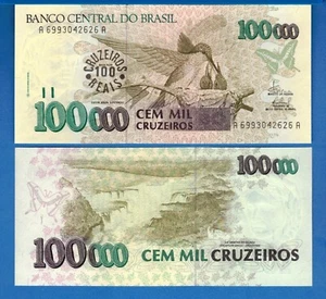 Brazil P-238 100 Cruzeiros Reais on 100,000 Cruzeiros Year 1993 ND Unc Banknote - Picture 1 of 1