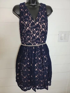 Navy Blue City Triangles Lace And Rhinestone Fit And Flare Dress Size 11 V Neck - Picture 1 of 6