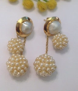 BELLISSIMI ORECCHINI IN ORO GIALLO 18KT CON PERLE MABE E PERLE DI FIUME - Imagen 1 de 2