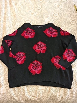 Black Red Rose Knit Jumper 20-22 Womens Crew Neck Plus Size Cosy Delightful vgc - Image 1 of 4