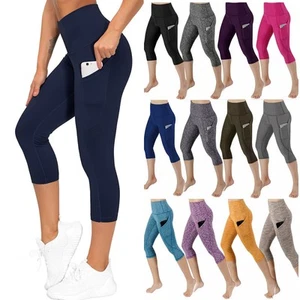 Women Ladies Stretchy 3/4 Crop Leggings Plain Workout Fitness Active Capri Pants - Picture 1 of 20