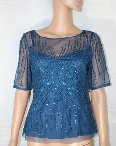 ADRIANNA PAPELL Mujer Talla 6 Azul Profundo Cuentas Manga Corta Cuello Redondo Top - Imagen 1 de 4