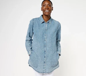 Joan Rivers Regular Vintage Washed Denim Shirt with Pockets 100% Cotton A606113 - Picture 1 of 6