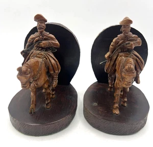 Vintage Hand Carved Wooden Gaucho Horseman Bookends Cowboy Rider Rustic Figurine - Picture 1 of 18