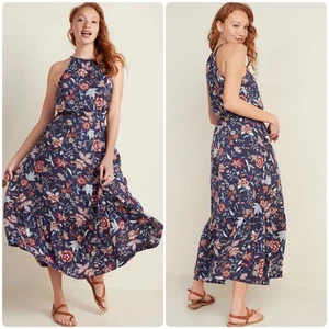 Maxi Vestido Halter Trenzado Floral Azul Marino Antiguo Talla M - Imagen 1 de 11