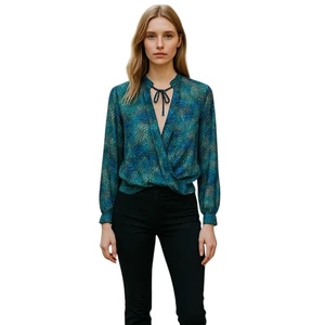 APNY Wrap Blouse Womens M Green Geometric Brunch Y2K Soft Girl Artsy Art To Wear - Picture 1 of 10