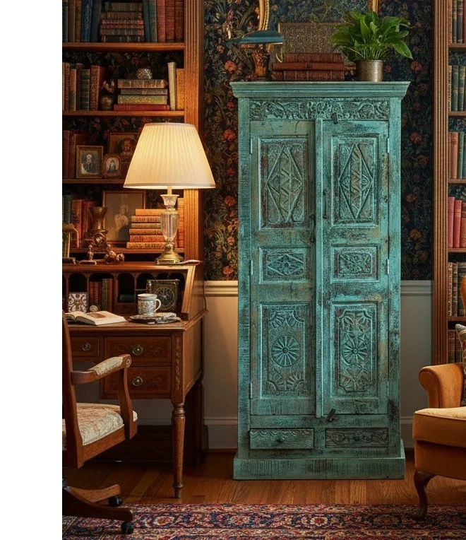 Antiguo armario indio tallado a mano azul floral rústico gabinete de granja 81x38 Foto 1 de 4