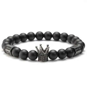 Schwarzer Onyx Armband mit italienischer Krone Charm 8mm - 6,7-8,5 Zoll, Unisex Geschenk - Bild 1 von 2