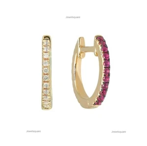 Natural Ruby & Diamond Reversible Hoops 14k Gold Double Side Gemstone Earrings - Picture 1 of 5