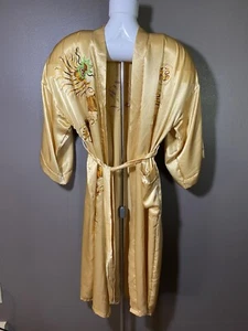 Vtg Golden Silk Embroidered Dragon & Accents Kimono/Robe Six M - Picture 1 of 9