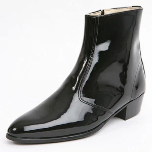 Cremallera lateral negra brillante para hombre hecha a mano KOREA 1.77 "tacones cubanos botines - Imagen 1 de 9