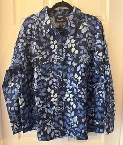 Denim Co Floral Long Sleeve SNAP Front Shirt Collar Stretch Women 1X Blue Flower - Picture 1 of 7