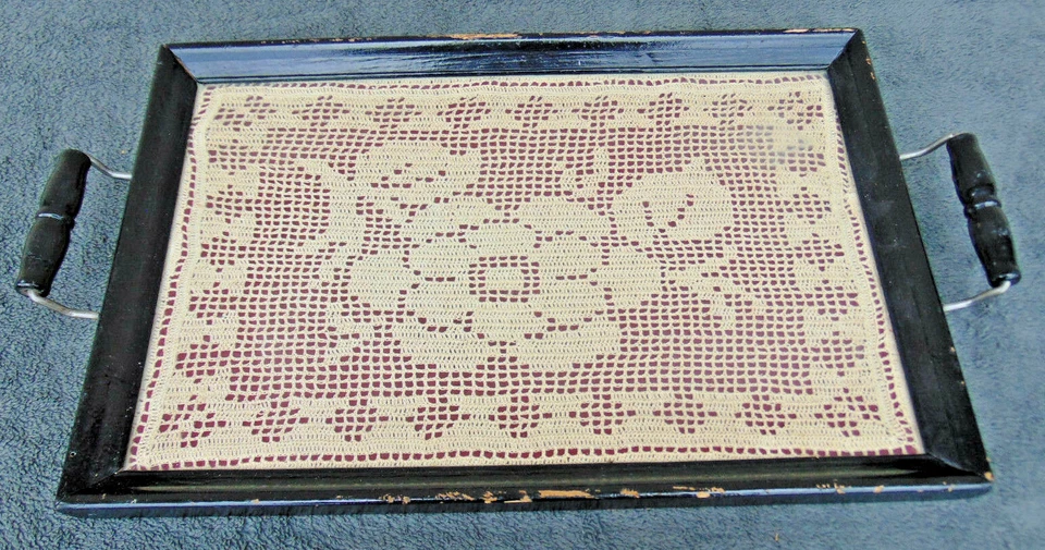 Vintage Serving Tray Black Hand Made Crochet Knit Lace Decorative Props Steam LA - Image 1 of 4
