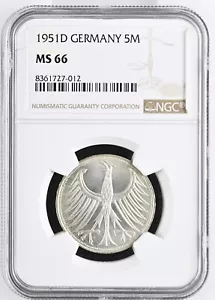 Coin Frg 5 DM 1951 D NGC MS66 Superb High Grade Top Pop 3/0 nswleipzig - Picture 1 of 3