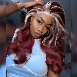 Lange Körperwelle Lace Front Perücke Burgunderrot Highlight Blond Echthaarperücke Remy - Bild 1 von 7