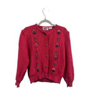 Vintage Kids Magenta Popsicle Brand Knit Nutcracker Holiday Cardigan Size 6X - Picture 1 of 6