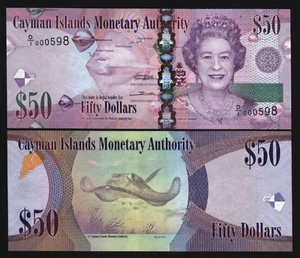 Cayman Islands 50 DOLLARS P-42 2010 Low Serial # UNC D/1 Queen Stingray BANKNOTE - Picture 1 of 6