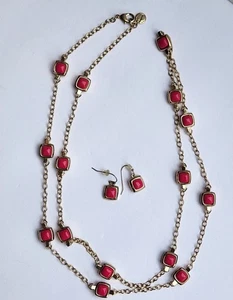 Talbot"s Square -cut Pink Stone Station Necklace on Gold Tone Chain & Hook Ears - Picture 1 of 8