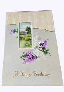 Antigua Tarjeta de Felicitación de Cumpleaños Floral Diseño de Paisaje Pastoral - Imagen 1 de 2