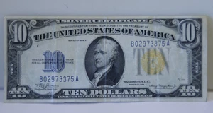 1934-A Yellow Seal $10 Dollar Silver Certificate North African WW2 Issue Fine - Picture 1 of 2