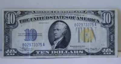 1934-A Yellow Seal $10 Dollar Silver Certificate North African WW2 Issue Fine - Image 1 of 2