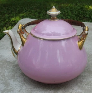 Heavy Large Ant. English? Unmarked Pink + White Teapot w a Woven Rattan Handle - Picture 1 of 19