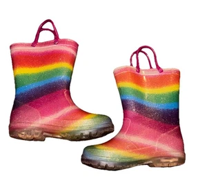 Rain Boots Light Up Pull On Rainbow Glitter Little Girls Sz 9 Rubber Multi Color - Picture 1 of 10