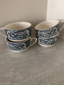 Lot Of 4 Vintage Currier & Ives Royal China Blue Cups lady & horse & carriage - Picture 1 of 3