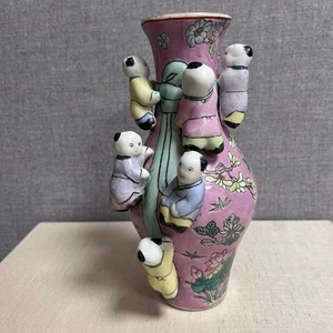 Vaso fertilità rosa cinese vintage arrampicata bambini dipinto a mano alto 10" - Foto 1 di 12