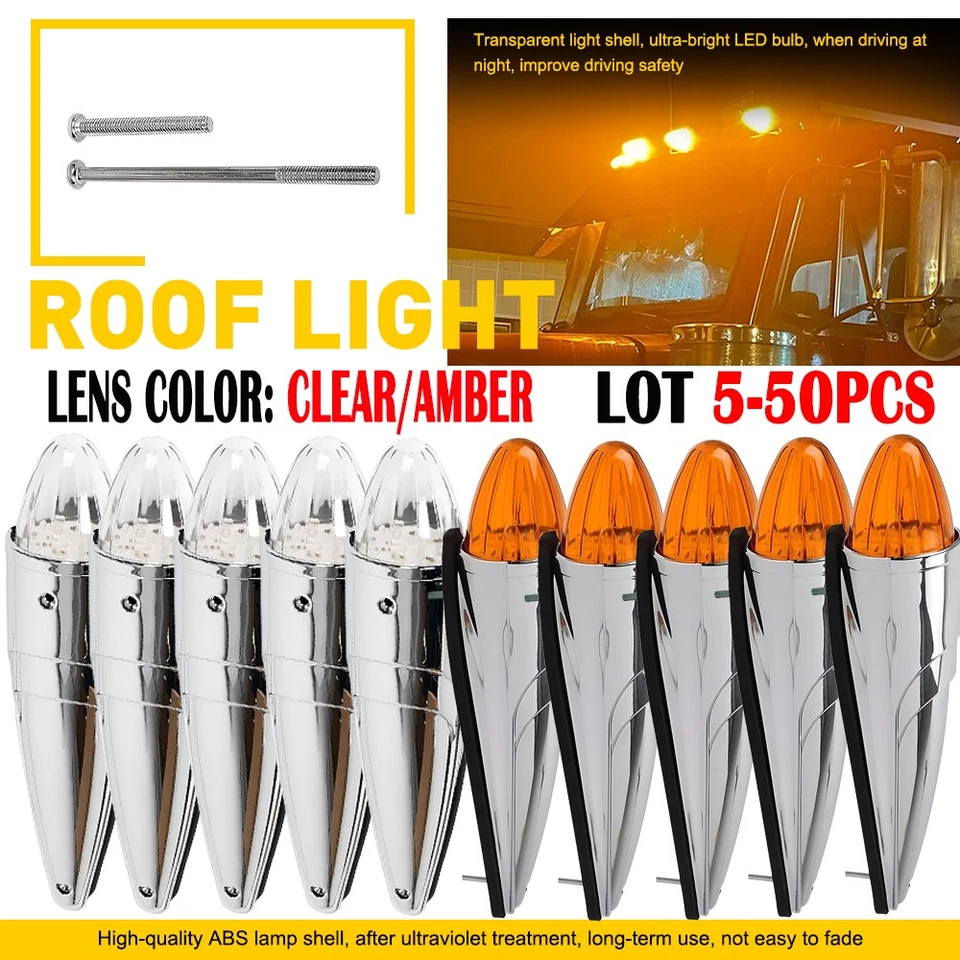 5-50X 17 LED Amber Torpedo Cab Marker Roof Running Top Lights Chrome Clear Amber - Image 1 of 1
