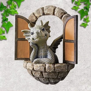 Courtyard Dragon Sculpture Wall Decoration,Lovely Resin Garden Dragon Statue,Lit - Picture 1 of 3