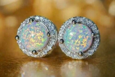 3Ct Lab Created Round Fire Opal Diamond Halo Earrings gold Plated - Image 1 of 4