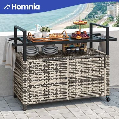 39" Portable Outdoor Wicker Bar Cabinet Storage Glass Tabletop Shelves w/ Wheels - Image 1 of 4