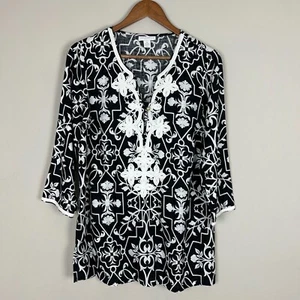 Charter Club Tunic Top Womens Medium Black White Linen Ribbon Applique Coastal M - Picture 1 of 13