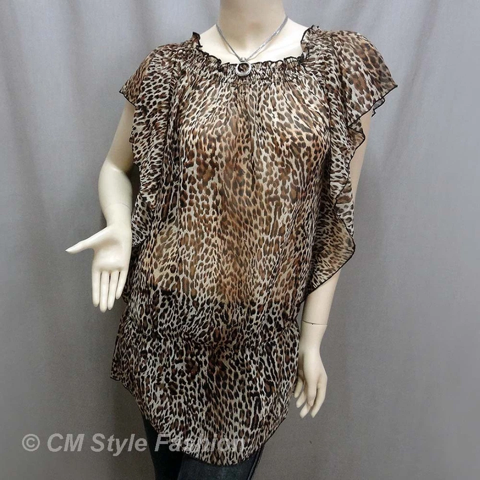Top túnica de gasa fluida con estampado de leopardo marrón M Foto 1 de 1