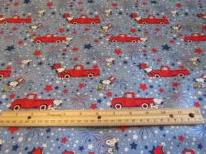 Blue Patriotic/Fourth Of July Snoopy Red Truck Cotton Fabric by the Yard - Picture 1 of 1