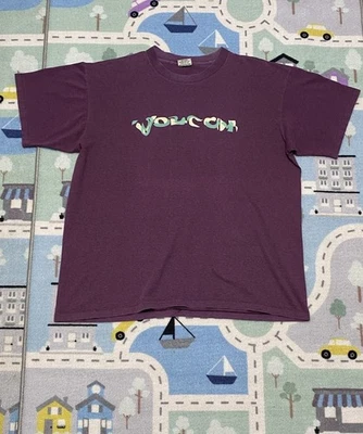 Vtg Volcom Skateboards Single Stitch 90s Faded Maroon Wavy Spellout T-Shirt Rare - Image 1 of 4