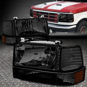 FOR 92-96 FORD F150 F250 F350 SMOKED HOUSING AMBER CORNER HEADLIGHT BUMPER LAMPS - Picture 1 of 9