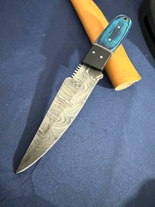 Damascus Steel Skinner Knife Sale Full Tang Blade Blue Azul Colored Wood - Picture 1 of 5