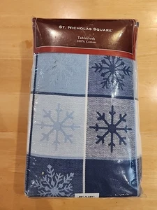 St. Nicolas Square Tablecloth Plaid Blue Oblong 60x102 Snowflakes New. S8 - Picture 1 of 3