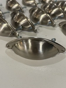Vtg 14 Pack Brushed Nickel Bin Cup Pull Cupboard Drawer Cabinet Hardware 4” - Picture 1 of 12