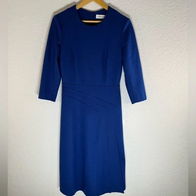 The Fold London Elegant 3/4 Sleeve Blue Virgin Wool Dress Career Luxury Event - Image 1 of 4