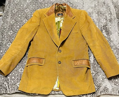 Cortefiel Blazer Tan Smoker Jacket Mens 44 Corduroy Leather Collar Spain - Image 1 of 4