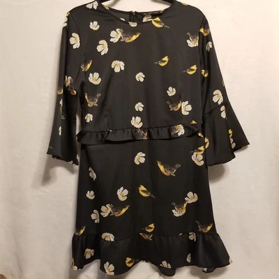 Zara L Dress Black Yellow Floral Bird Print Mini Ruffled Peplum Cottagecore  - Image 1 of 4