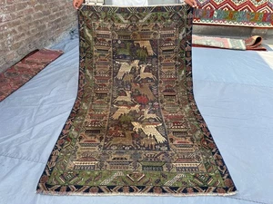 3'10 x 6'5 ft Antique Afghan Pictorial Wool Rug Tribal Animal Hunting Design Rug - Picture 1 of 10
