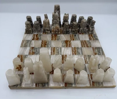 Vintage Aztec Onyx Marble Stone Hand Carved Brown Cream Chess Set 12.5” READ! - Image 1 of 4