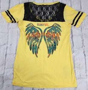 Affliction Sinful sz Medium Yellow Black Lace Ringer Top Tee Shirt Skull Wings M - Picture 1 of 8