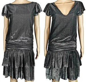 80s Vintage 20s Style Black / Silver Metallic Lurex Dress Party Prom Evening 3/4 - Picture 1 of 10