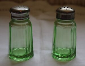 Hazel Atlas Paneled Uranium Green Glass Salt / Pepper Shakers  Depression Glass
