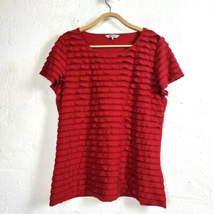 TABLE EIGHT Women Top Size XL Red Ruffle Stretch Knit Short Sleeve Round Neck - Picture 1 of 12